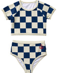 Nautical Checks Two Piece Rashguard Swimsuit / Navy