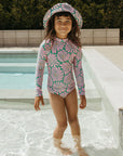 Wavy Floral / Long Sleeve Surf Suit Swimsuit / Azalea