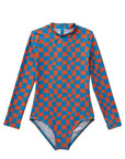 Wavy Checks / Long Sleeve One Piece Swimsuit / Coral