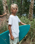 Seaesta Surf Boys Boardshorts – Scallop Retro Flare in Wavy Checks Banana