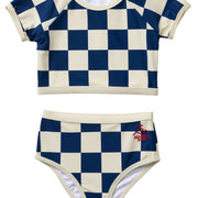 Nautical Checks Two Piece Rashguard Swimsuit / Navy