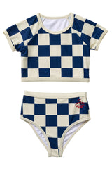 Nautical Checks Two Piece Rashguard Swimsuit / Navy