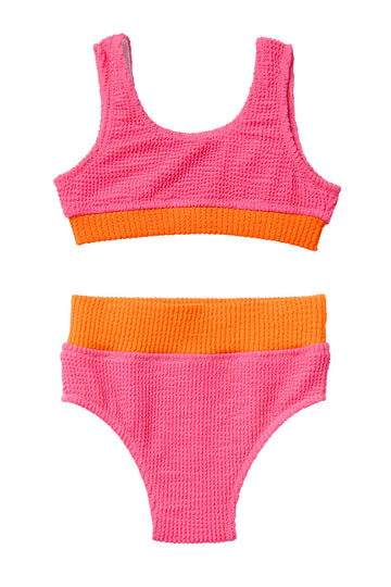 Crinkle Color Block Two Piece Swimsuit / Neon