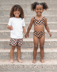 Wavy Checks Two Piece Swimsuit / Cocoa