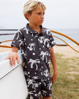 Palm Tree Polka Dot Button Up Shirt / Youth / Charcoal