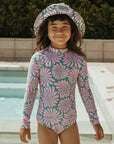 Wavy Floral / Long Sleeve Surf Suit Swimsuit / Azalea