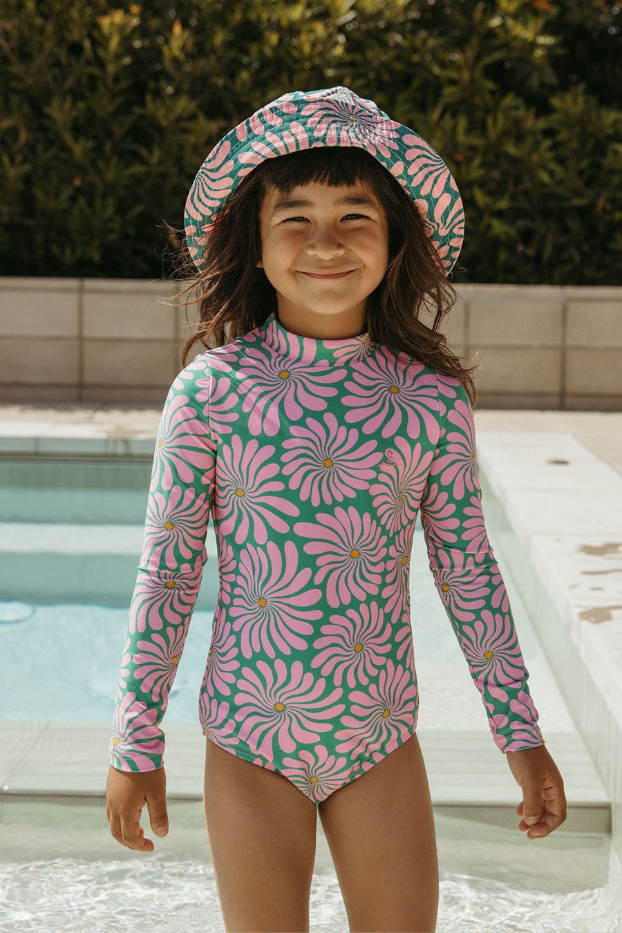 Wavy Floral / Long Sleeve Surf Suit Swimsuit / Azalea