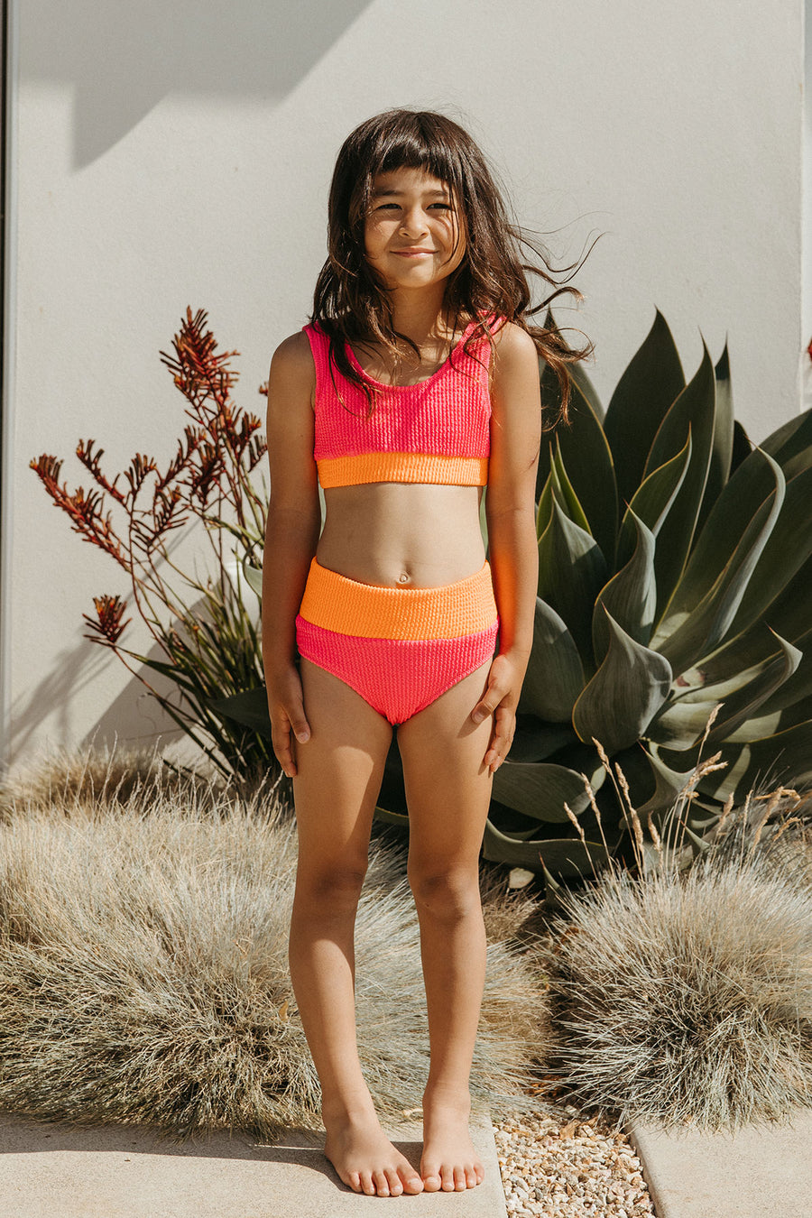 Crinkle Color Block Two Piece Swimsuit / Neon