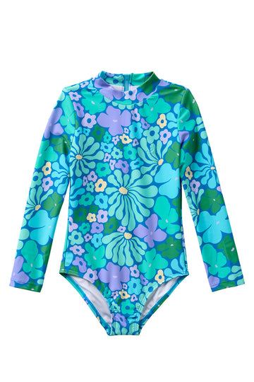 Fleurs / Long Sleeve Surf Suit Swimsuit / Aqua