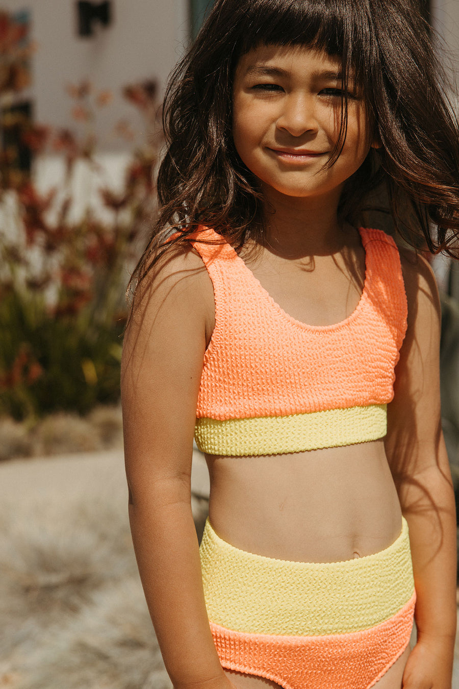 Crinkle Color Block Two Piece Swimsuit / Melon